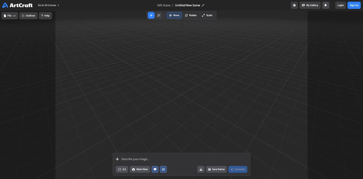 ArtCraft, a free online AI image and video generator, with its 3D editor compositing generated art in a scene